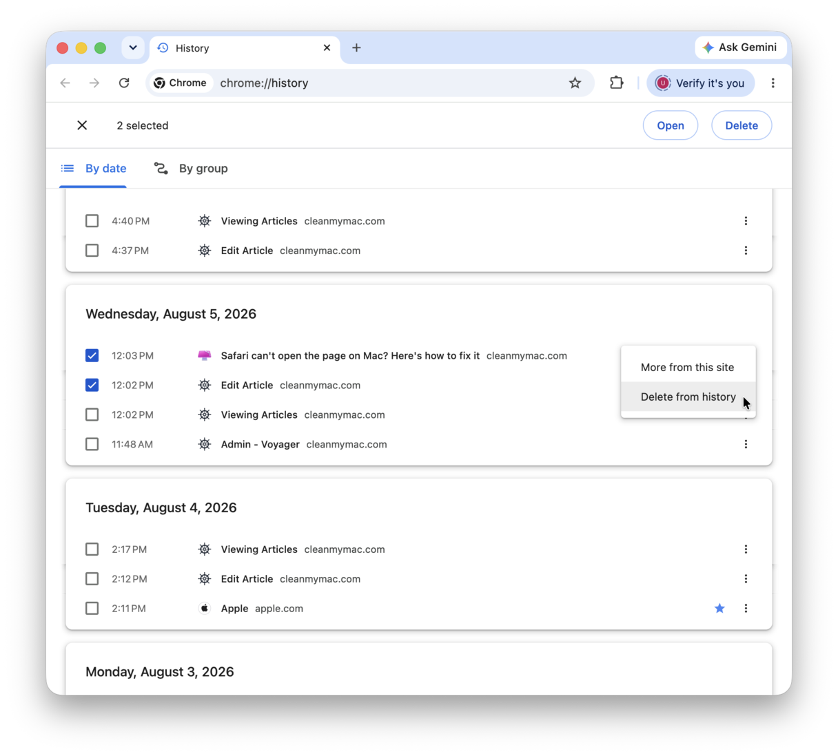 Delete specific pages from search history in Chrome