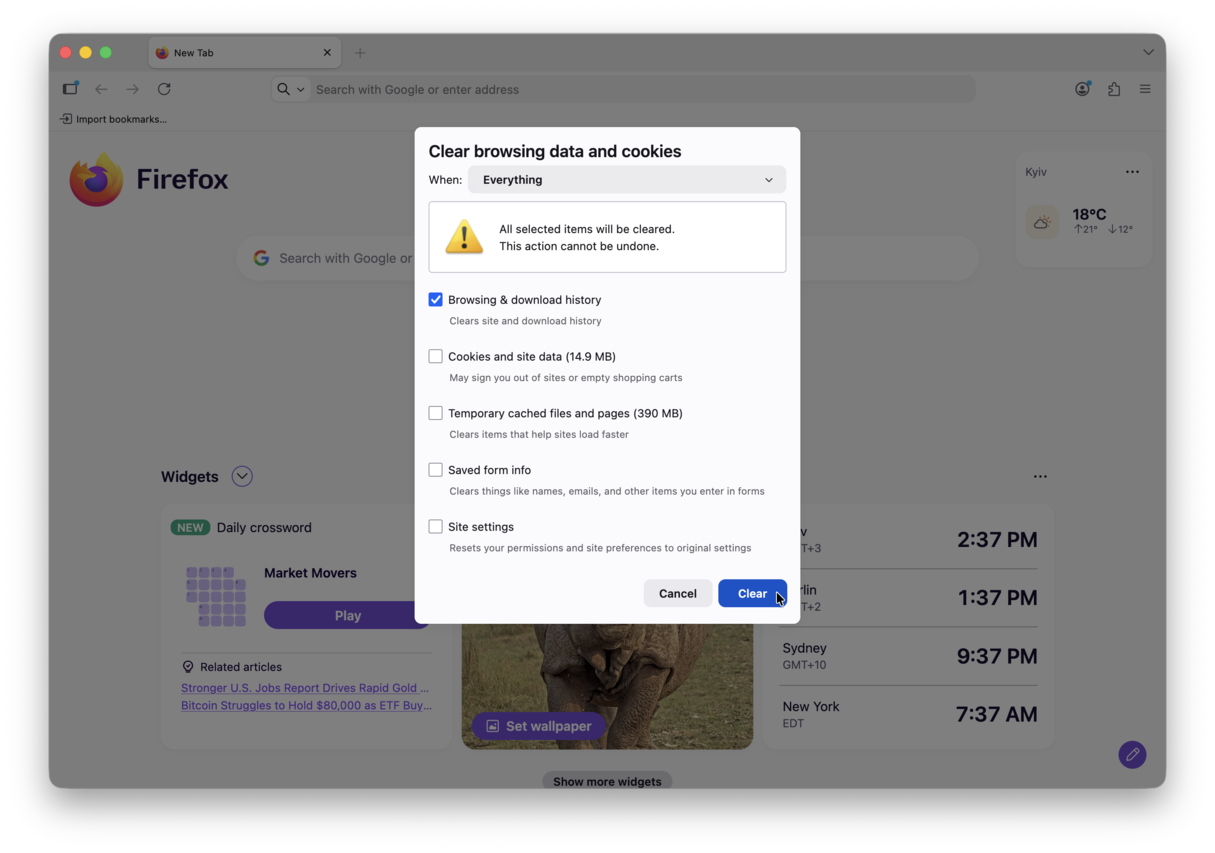 Clear all history in Firefox