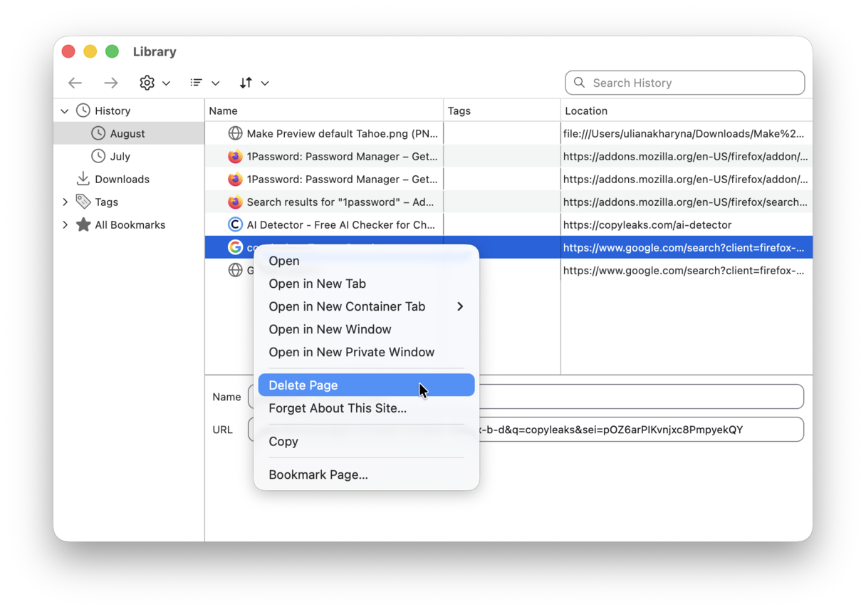 Delete a specific page from search histroy in Firefox