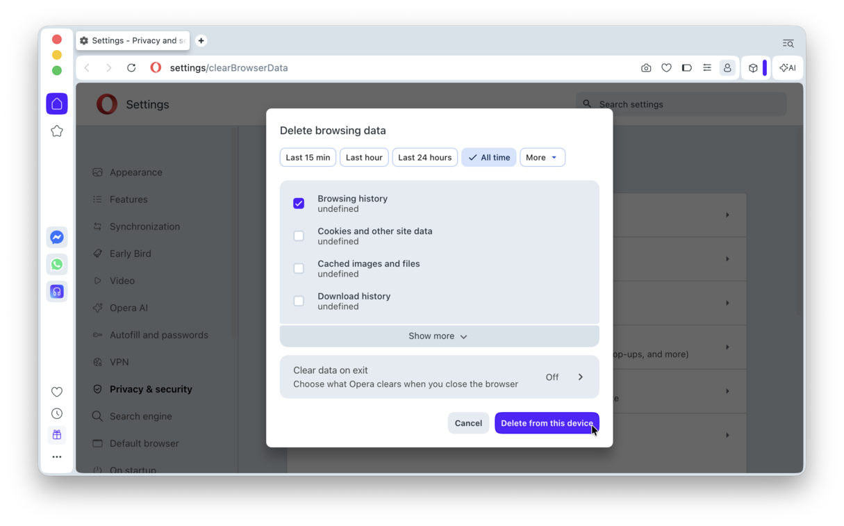 Clear entire search history in Opera