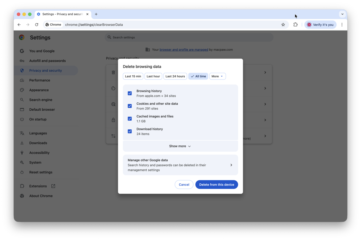 Clear cached files and cookies in Chrome