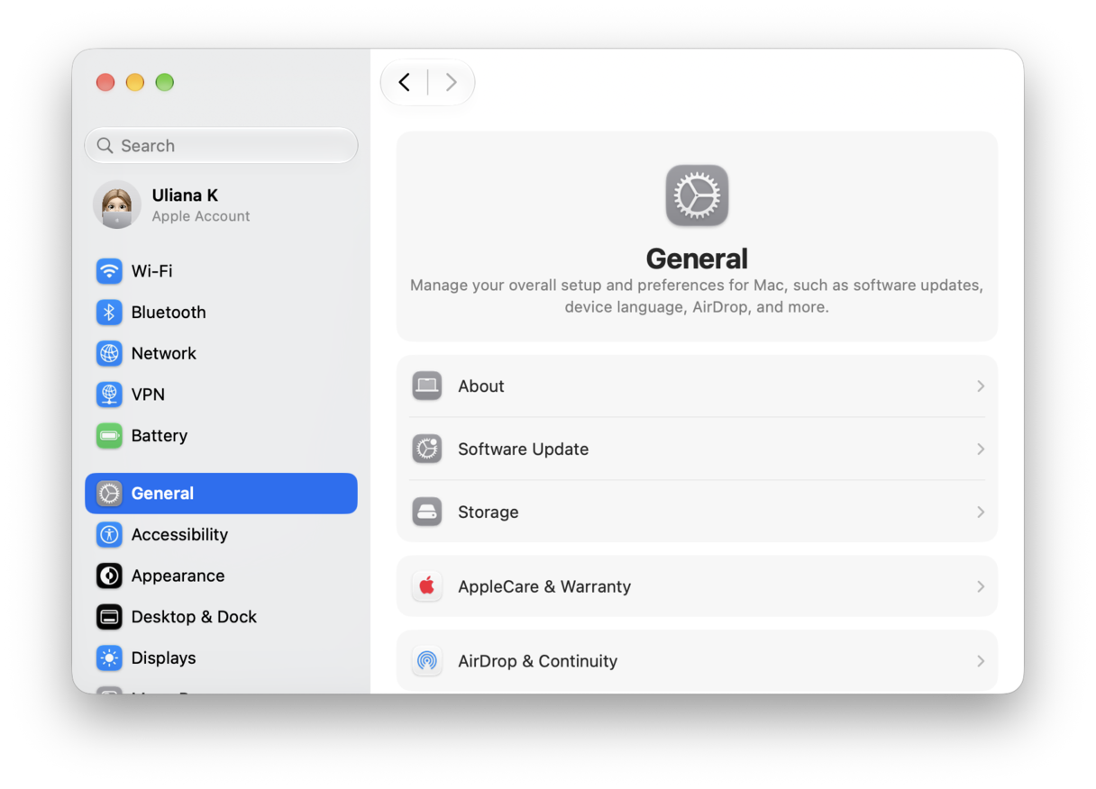 System Preferences - macOS General settings main menu showing system preferences including Software Update and AirDrop