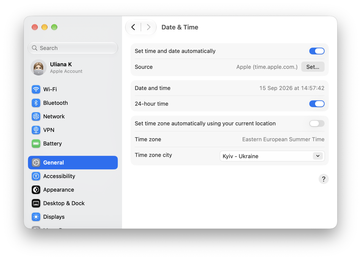 macOS Date & Time settings panel with automatic time sync and time zone configuration