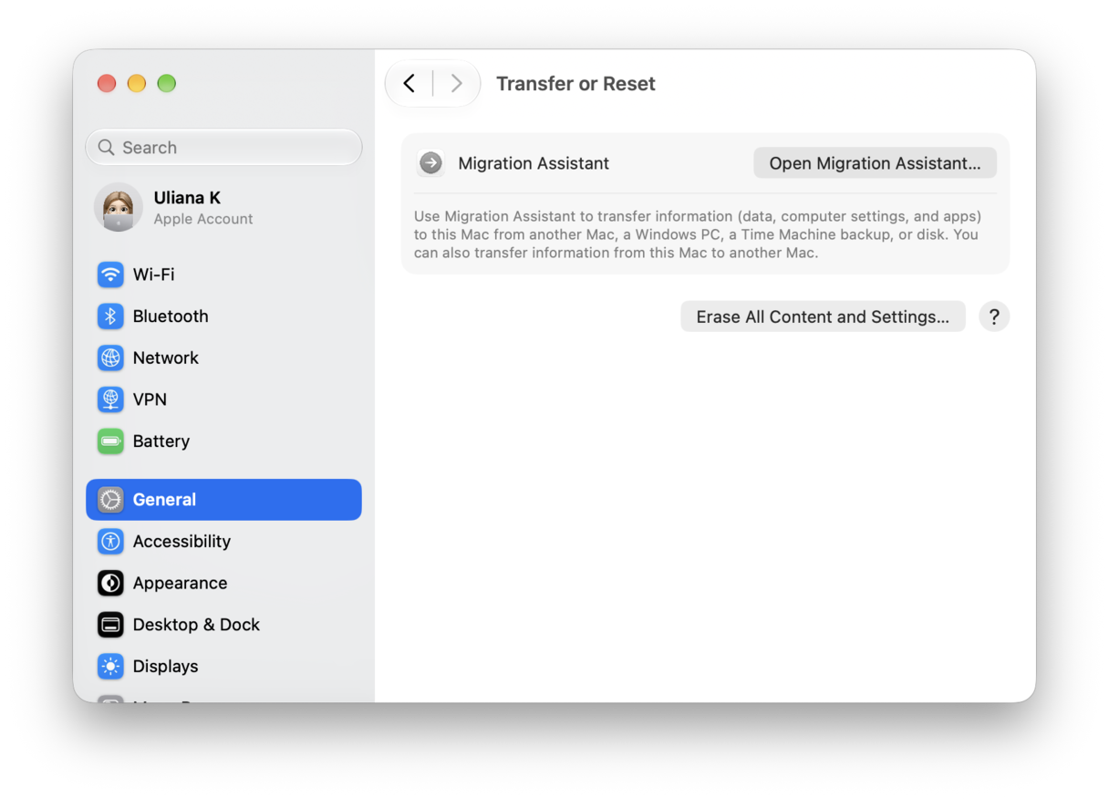 System Preferences - macOS Transfer or Reset settings with Migration Assistant and Erase All Content options