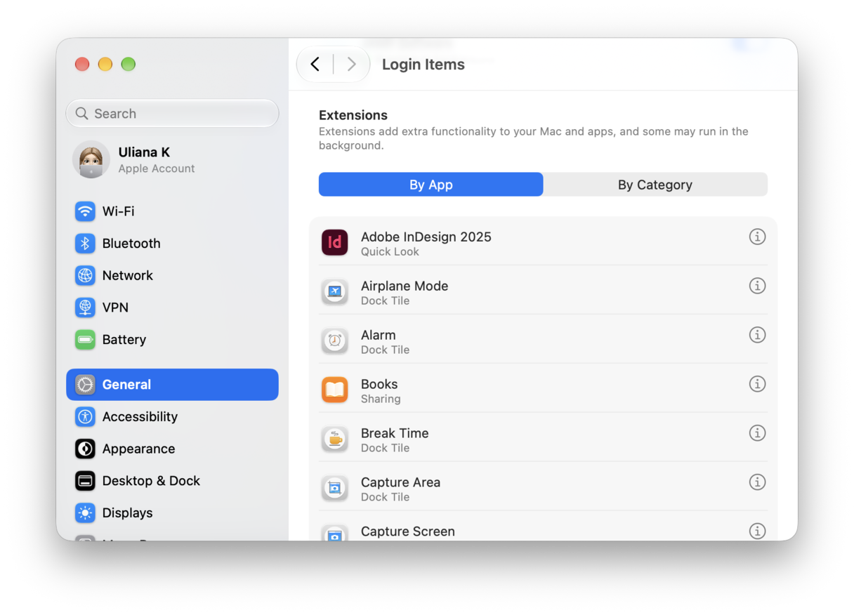 System Preferences - macOS Login Items & Extensions settings listing installed app extensions by app