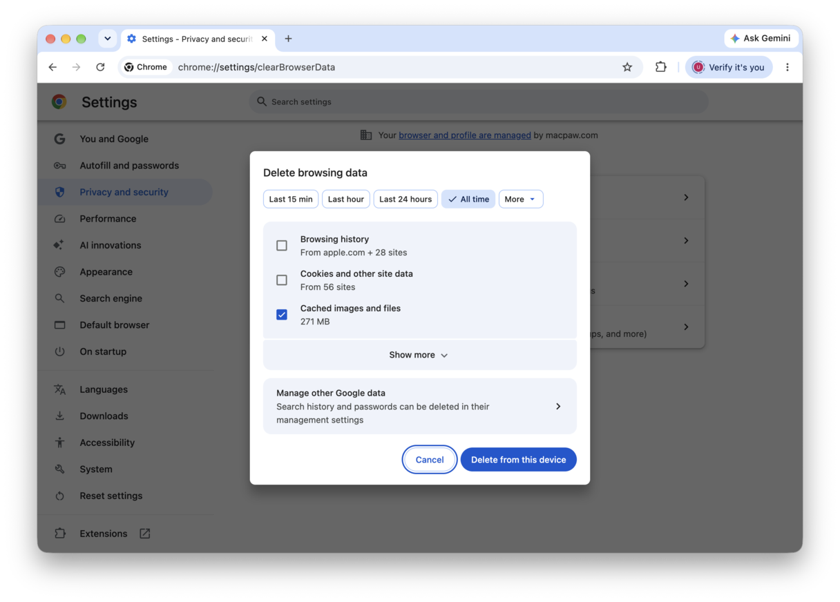 Clear cache in Chrome