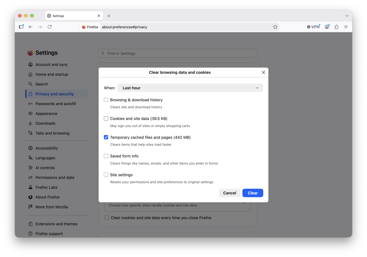 Delete cache in Firefox