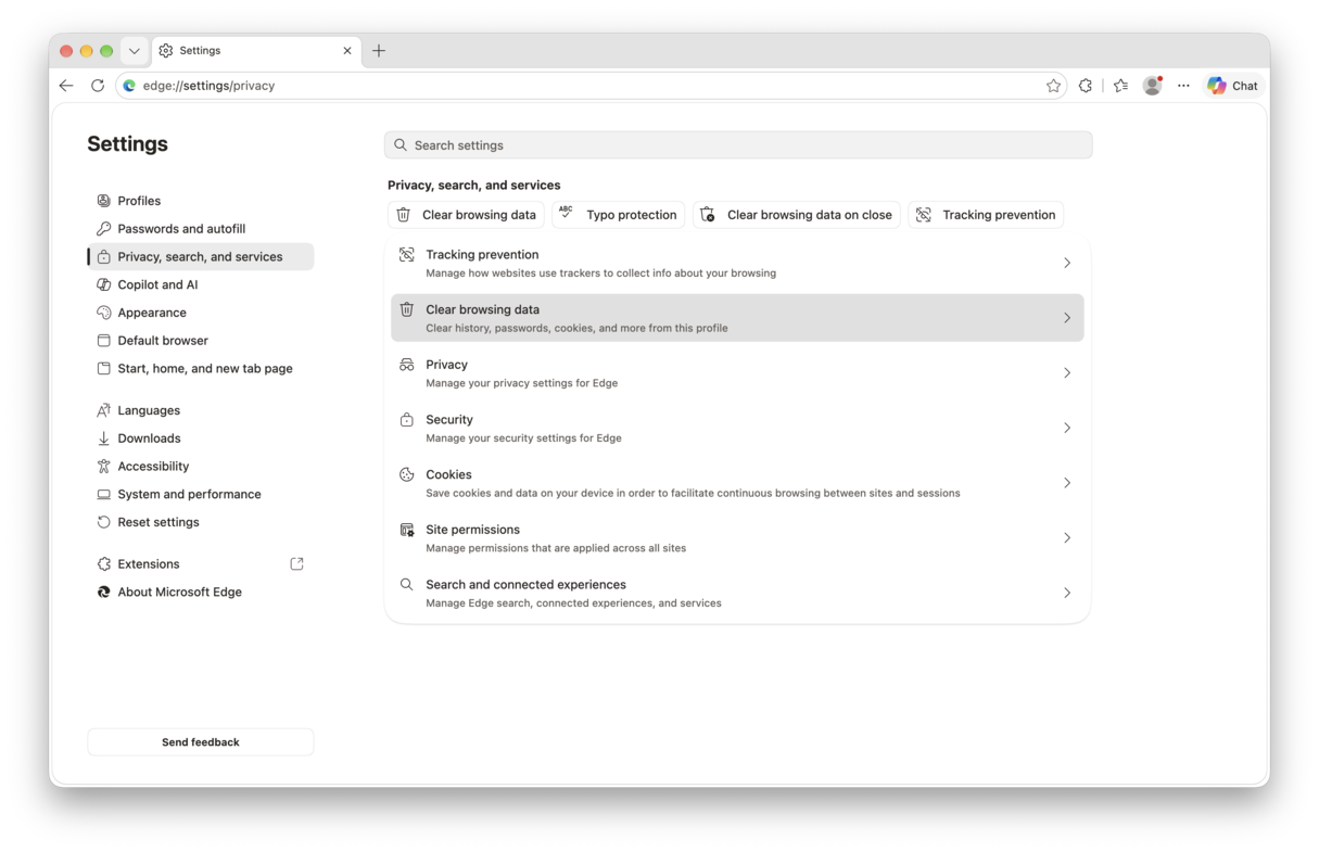 how to clear cache in Edge on Mac
