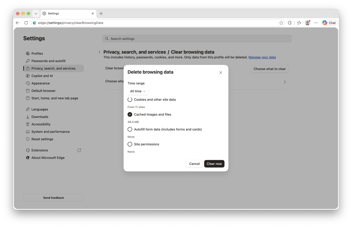 how to clear cache in Edge on Mac