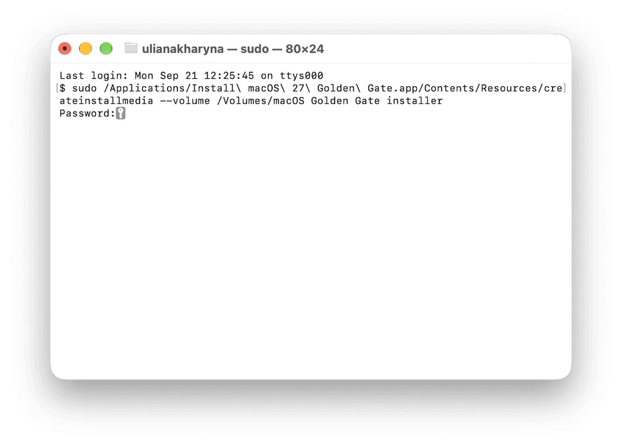 Terminal running sudo createinstallmedia command for macOS Golden Gate installer