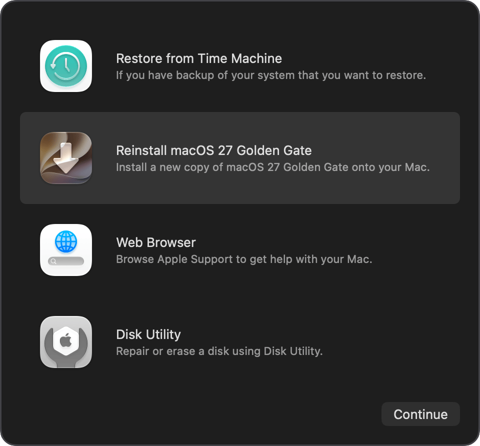 macOS Recovery mode menu highlighting Reinstall macOS 27 Golden Gate option