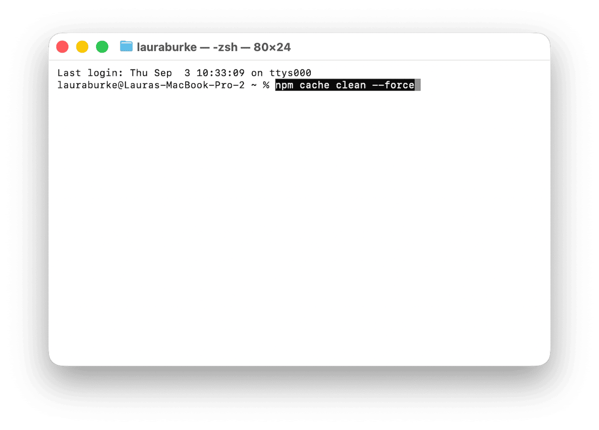 Terminal window running npm cache clean --force command on macOS