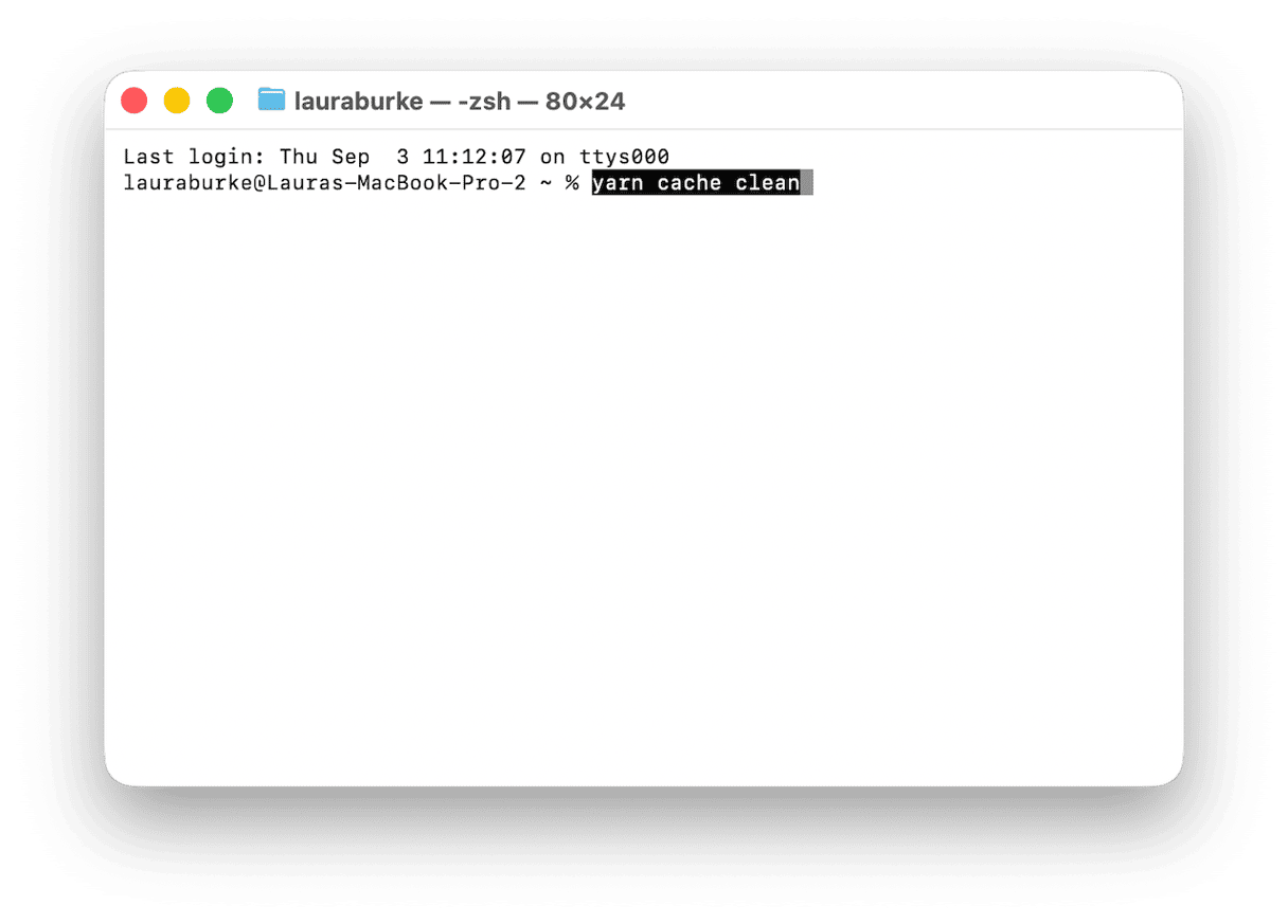Terminal window running yarn cache clean command on macOS