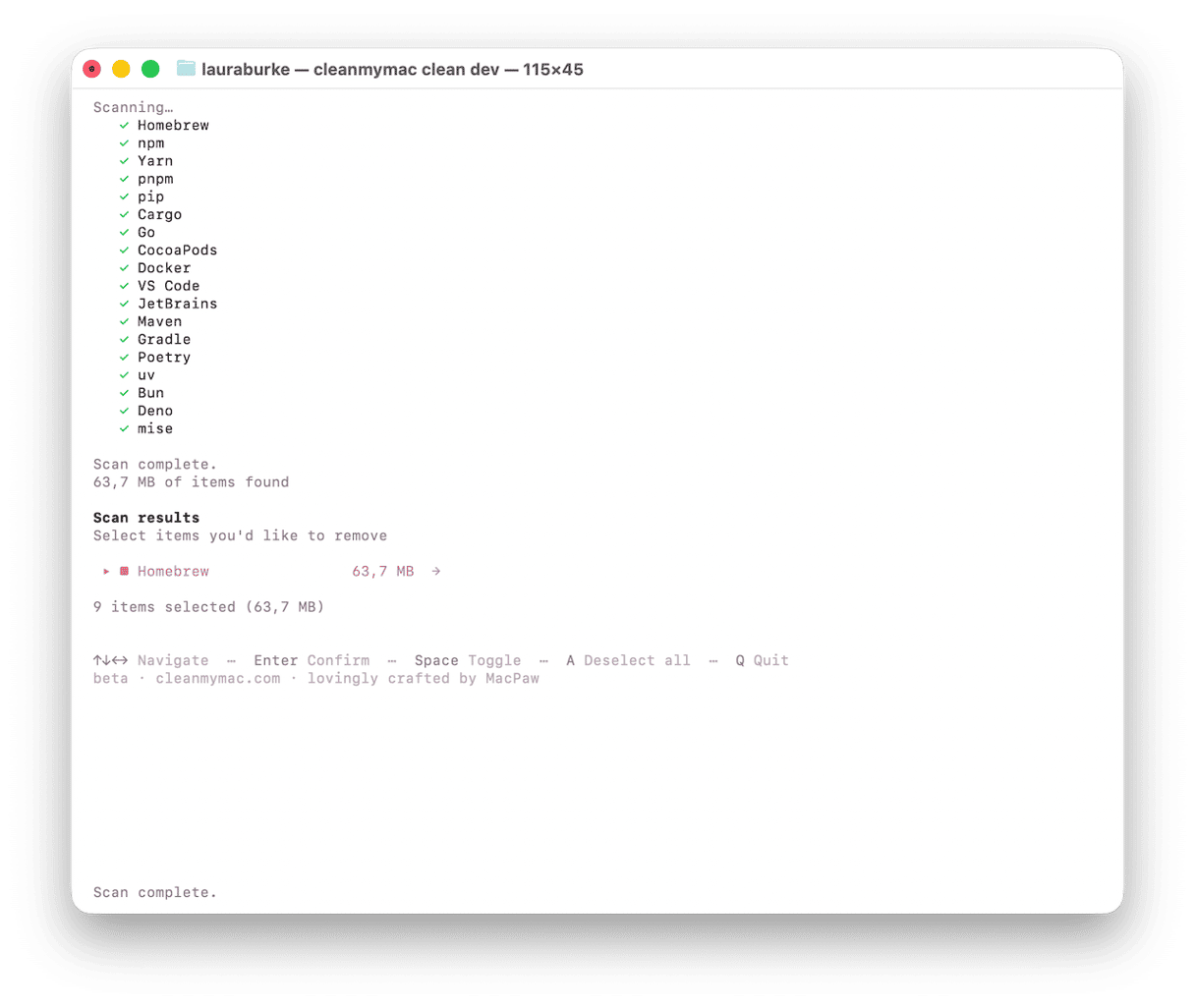 CleanMyMac dev cleanup scan listing Homebrew, npm, Docker and other caches