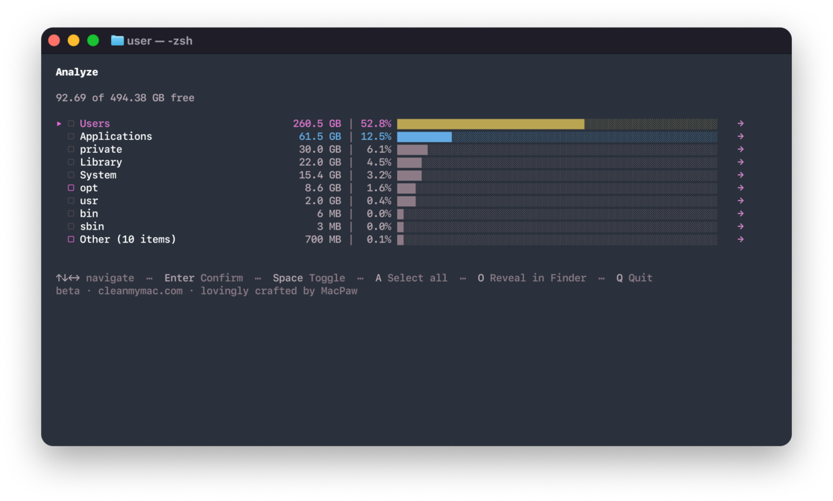 CleanMyMac CLI analyzing storage