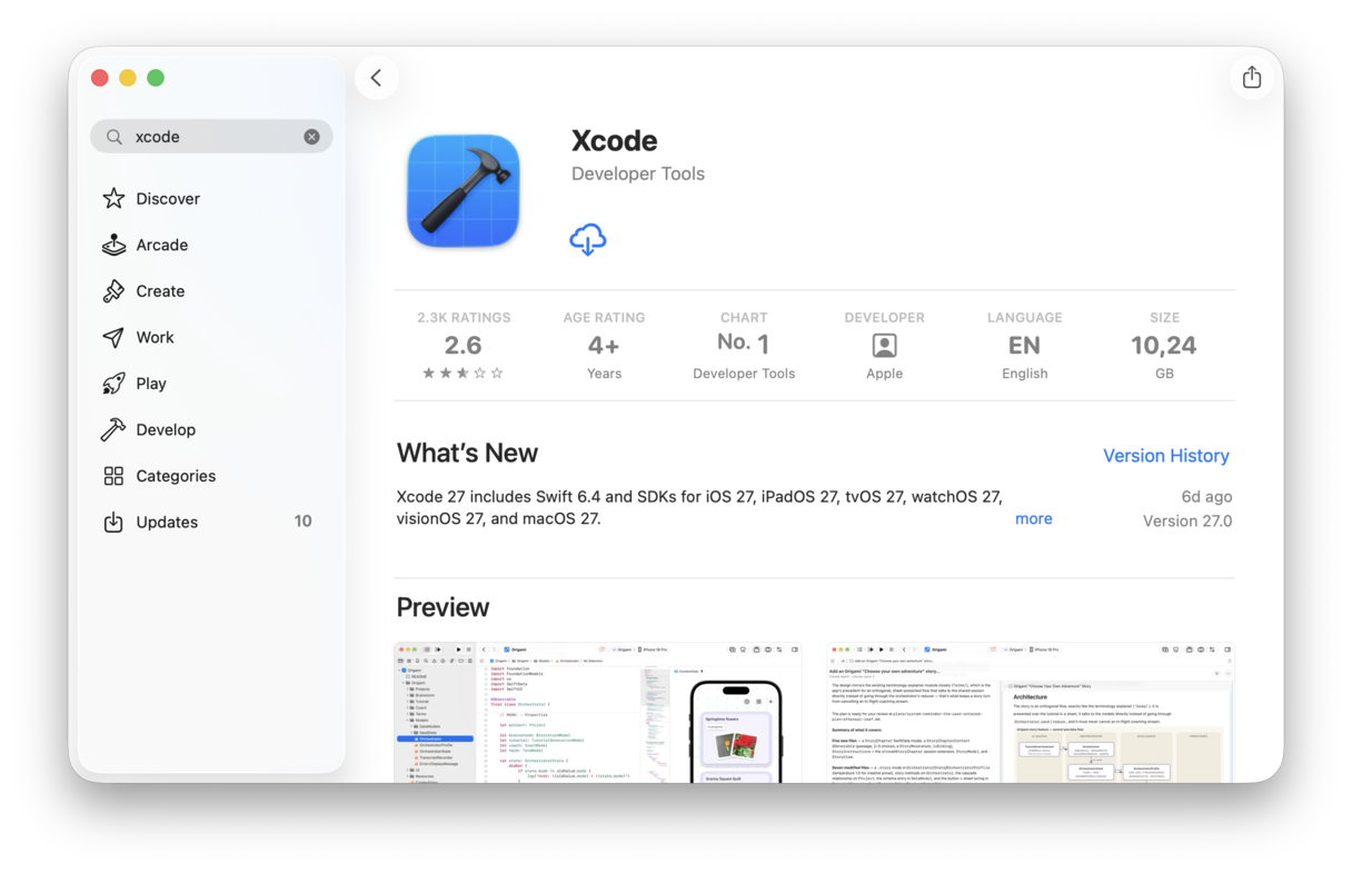 The Xcode app on the Mac App Store