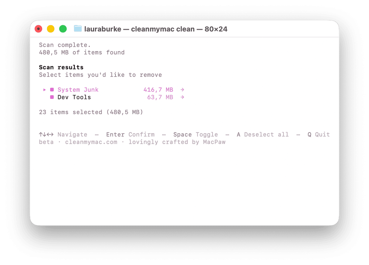 CleanMyMac scan results showing System Junk and Dev Tools categories to remove