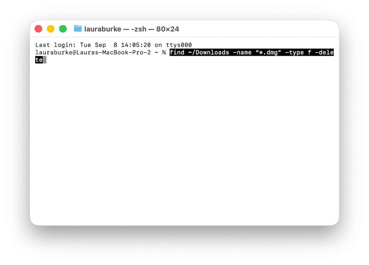 Terminal running find command to delete .dmg files in Downloads folder