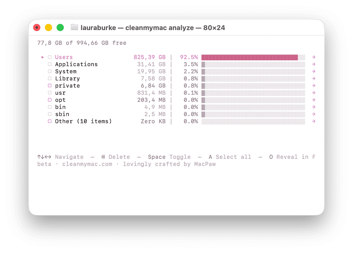 CleanMyMac disk analysis showing storage breakdown by system folder
