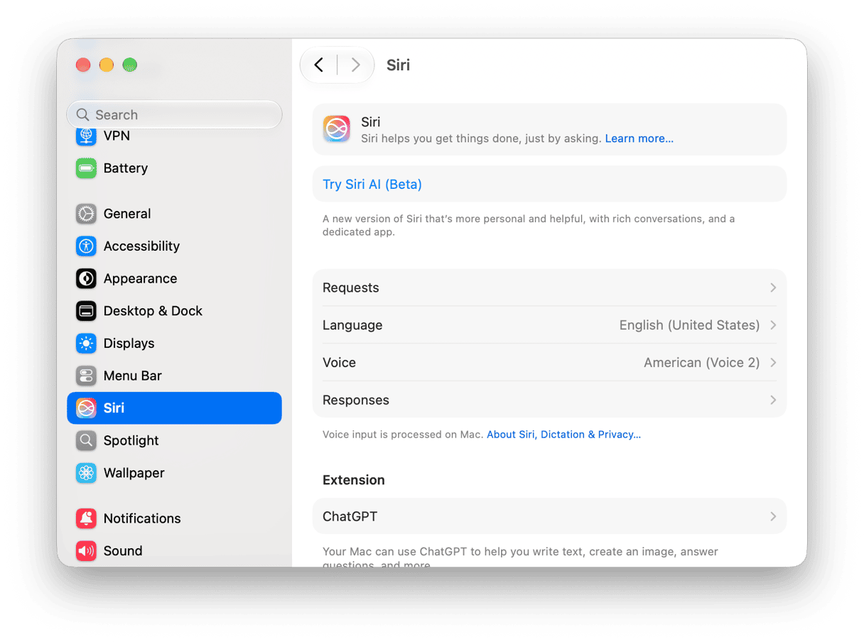 macOS System Settings Siri panel with Try Siri AI Beta option