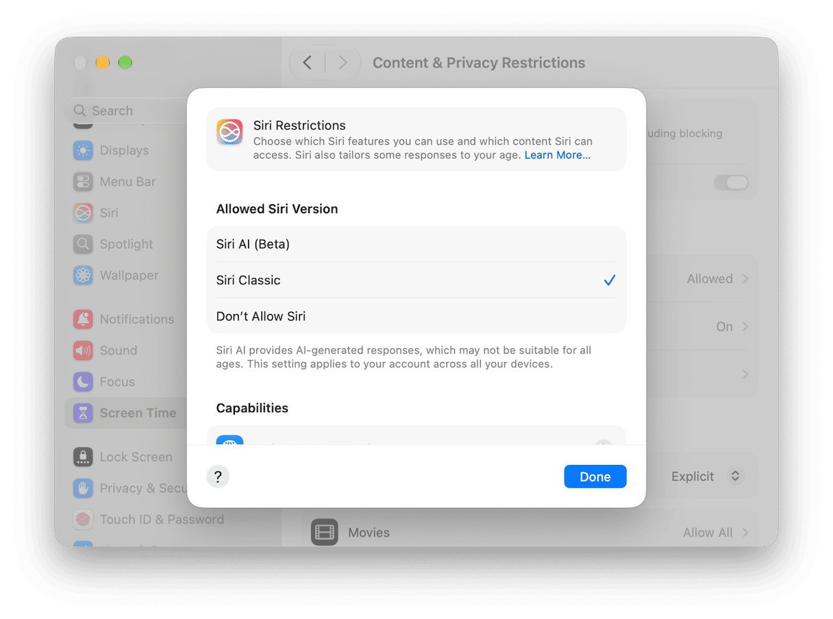 Screen Time Siri Restrictions dialog for choosing allowed Siri version