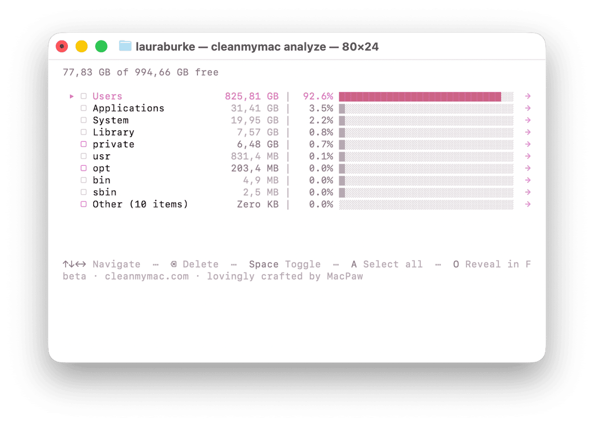 CleanMyMac disk analysis showing storage breakdown by system folder
