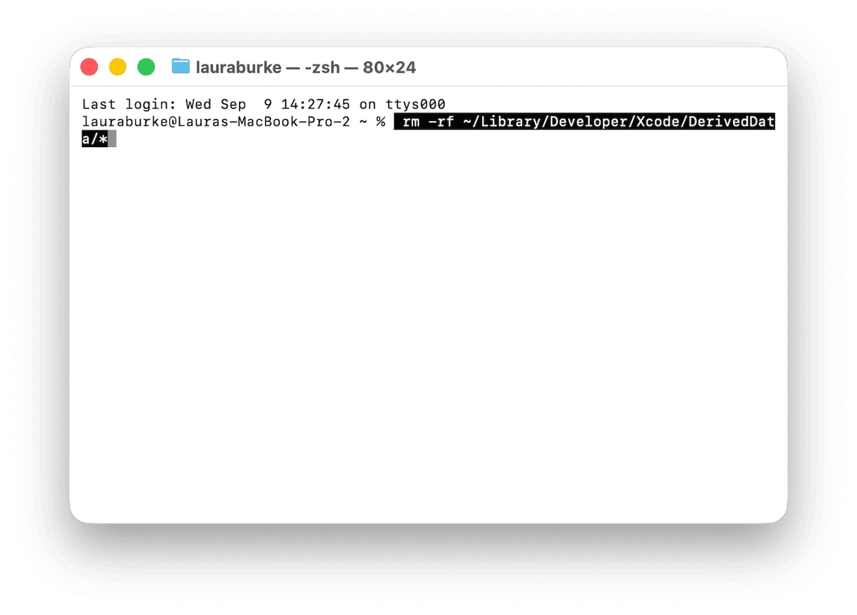 Terminal command deleting Xcode DerivedData folder contents on Mac