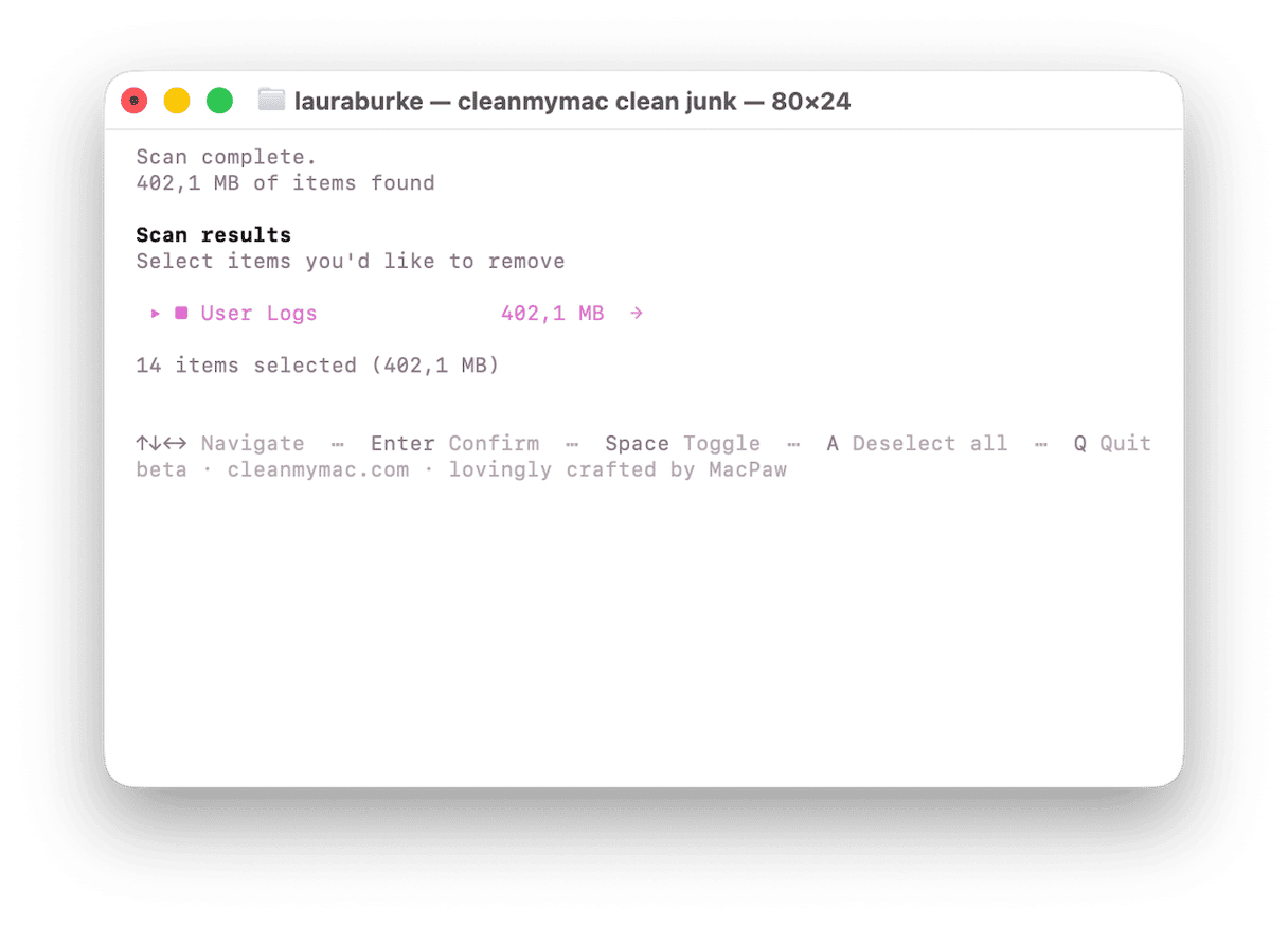 CleanMyMac junk scan results showing User Logs files to remove