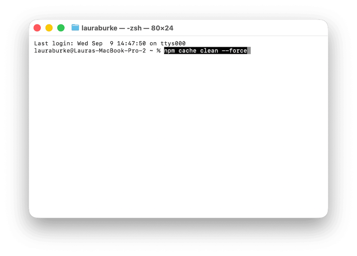 Terminal window running npm cache clean --force command on macOS