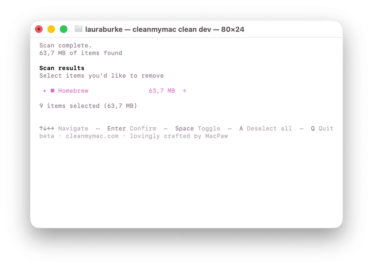 CleanMyMac dev cleanup scan results showing Homebrew cache files found