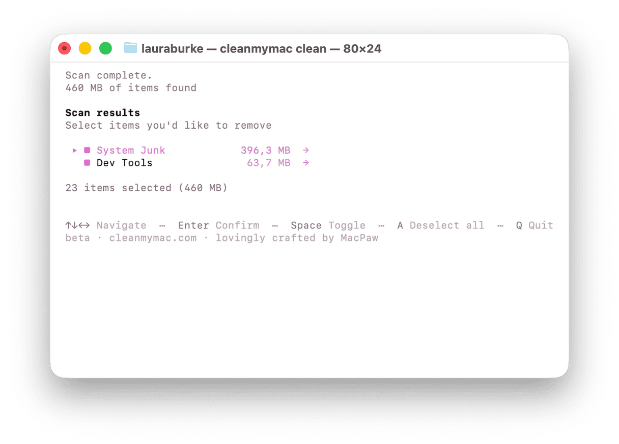 CleanMyMac scan results showing System Junk and Dev Tools categories to remove