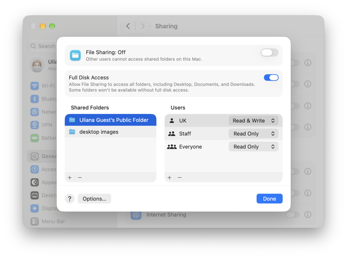 File sharing settings on Mac