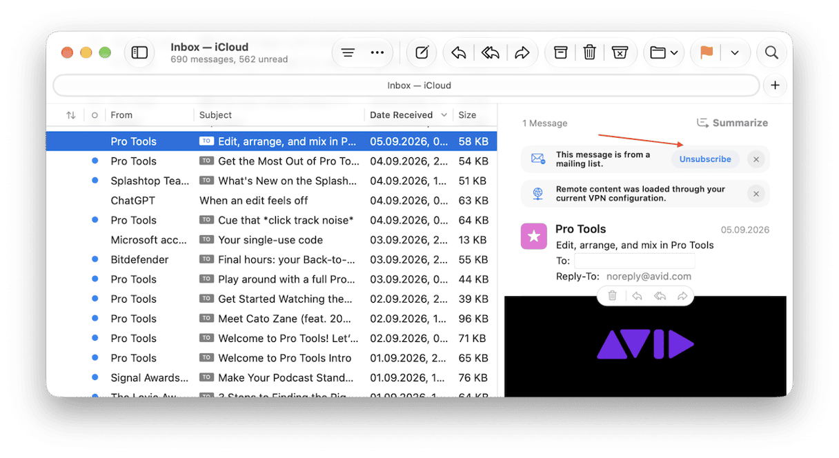 Apple Mail message showing Unsubscribe button for mailing list"