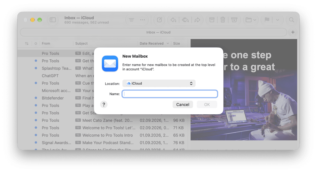 Apple Mail New Mailbox dialog for creating custom folder