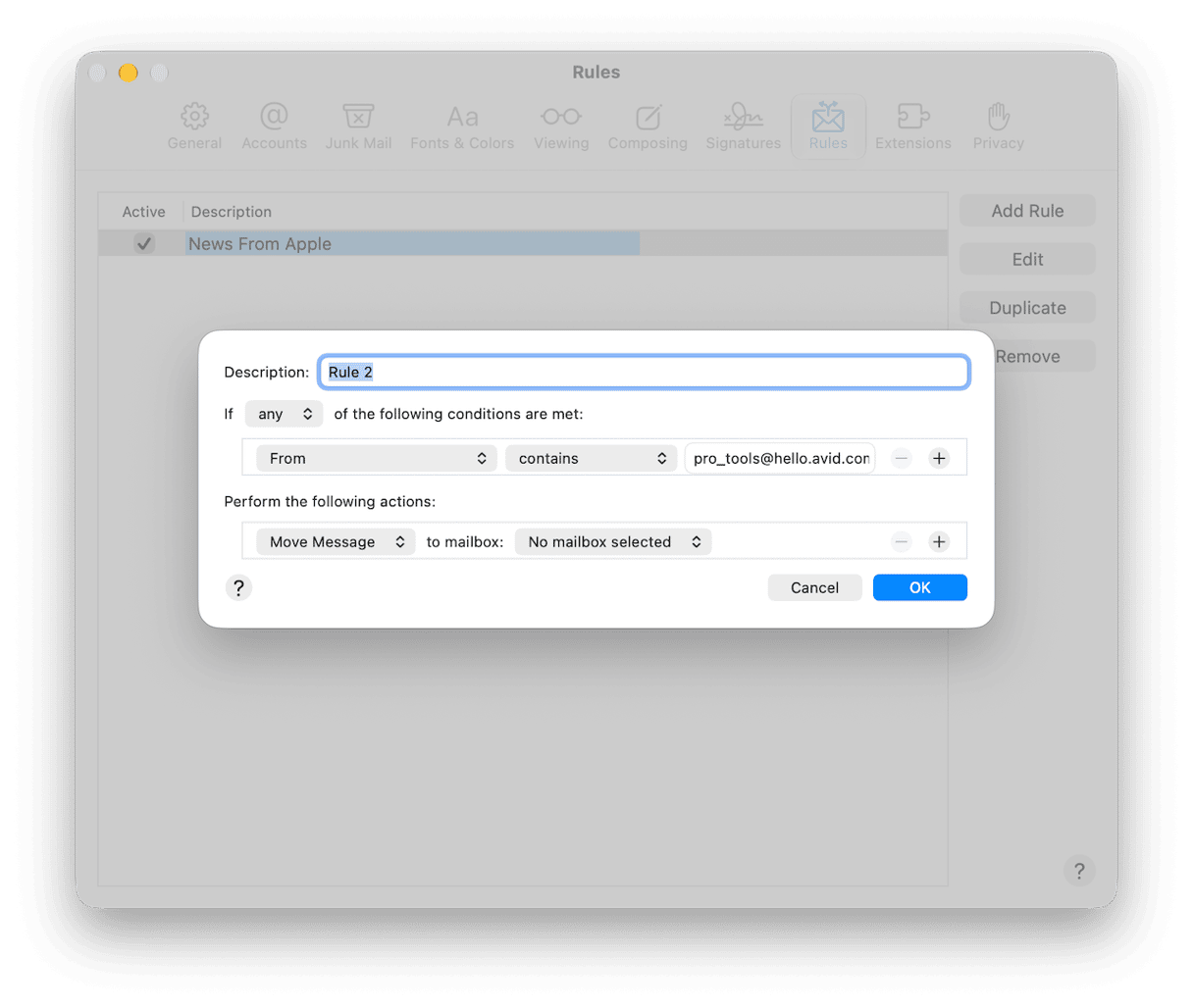 Apple Mail Rules settings creating condition to sort incoming messages