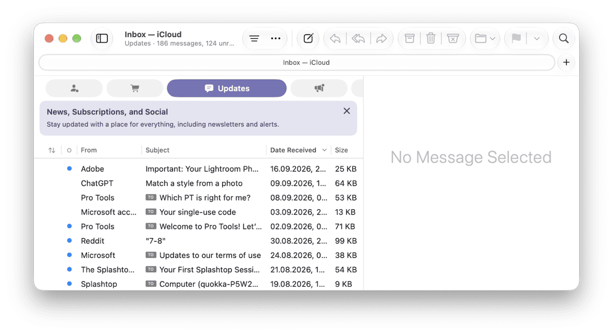 Apple Mail inbox showing Updates category with newsletter messages