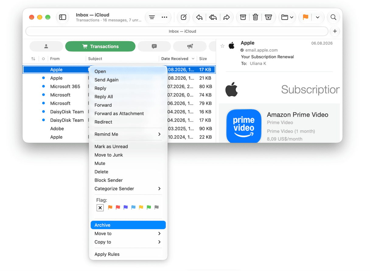 Apple Mail right-click menu showing message actions and archive option