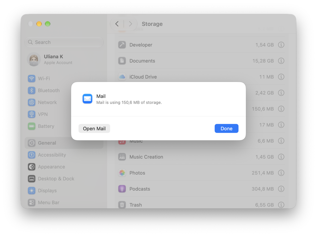 Check storage occupied by Mail