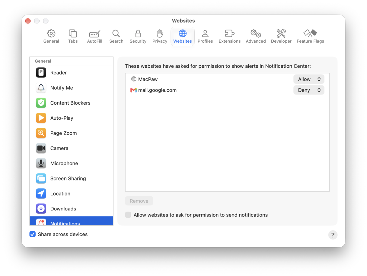 Notifications settings in Safari