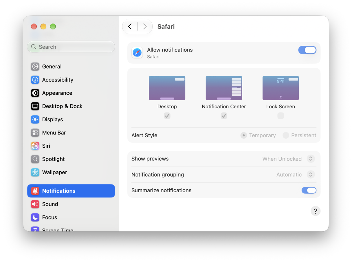 Safari notifications Settings