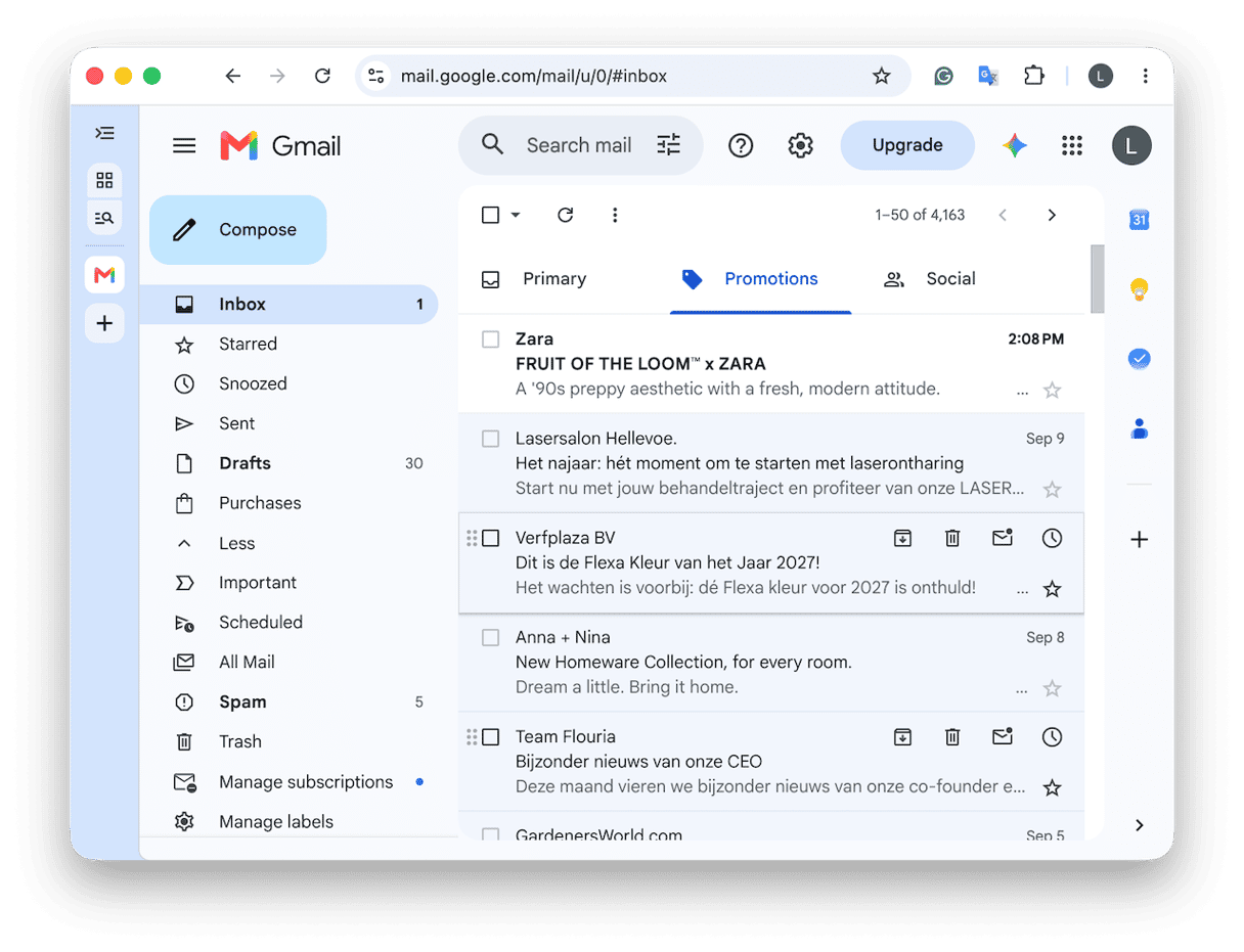 Gmail inbox Promotions tab showing list of marketing emails