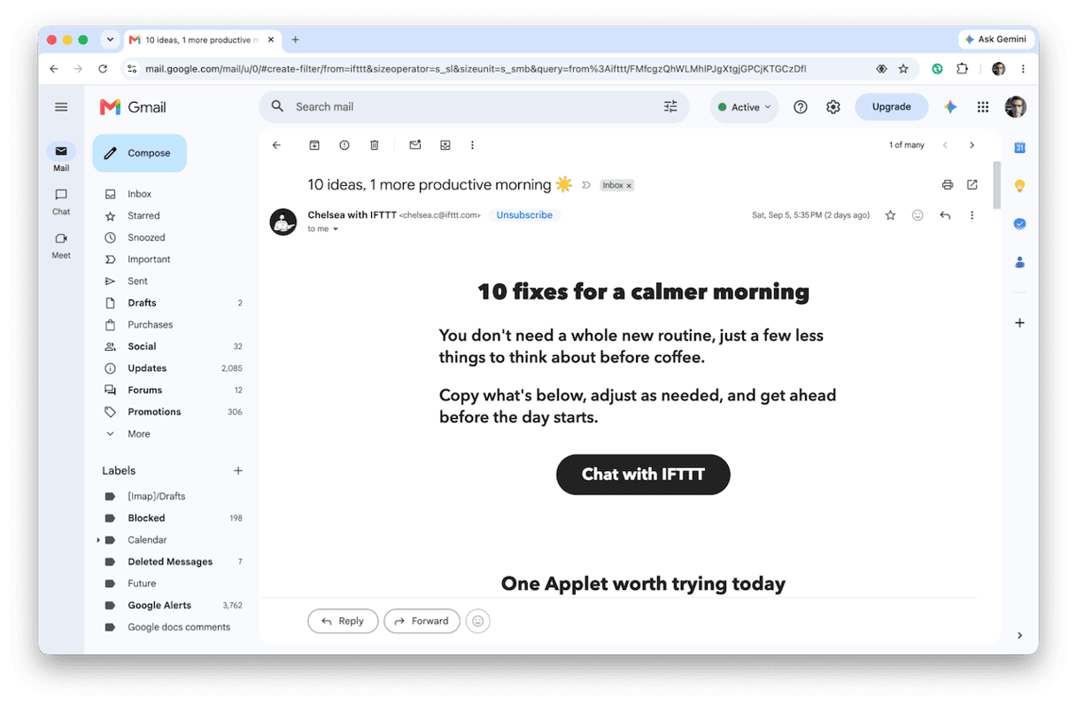 Gmail message from IFTTT newsletter with Unsubscribe link visible