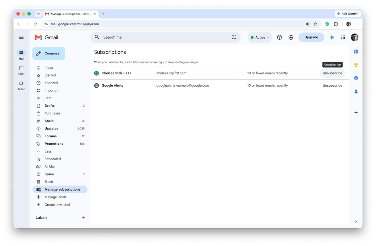 Gmail Manage subscriptions page listing active email newsletters
