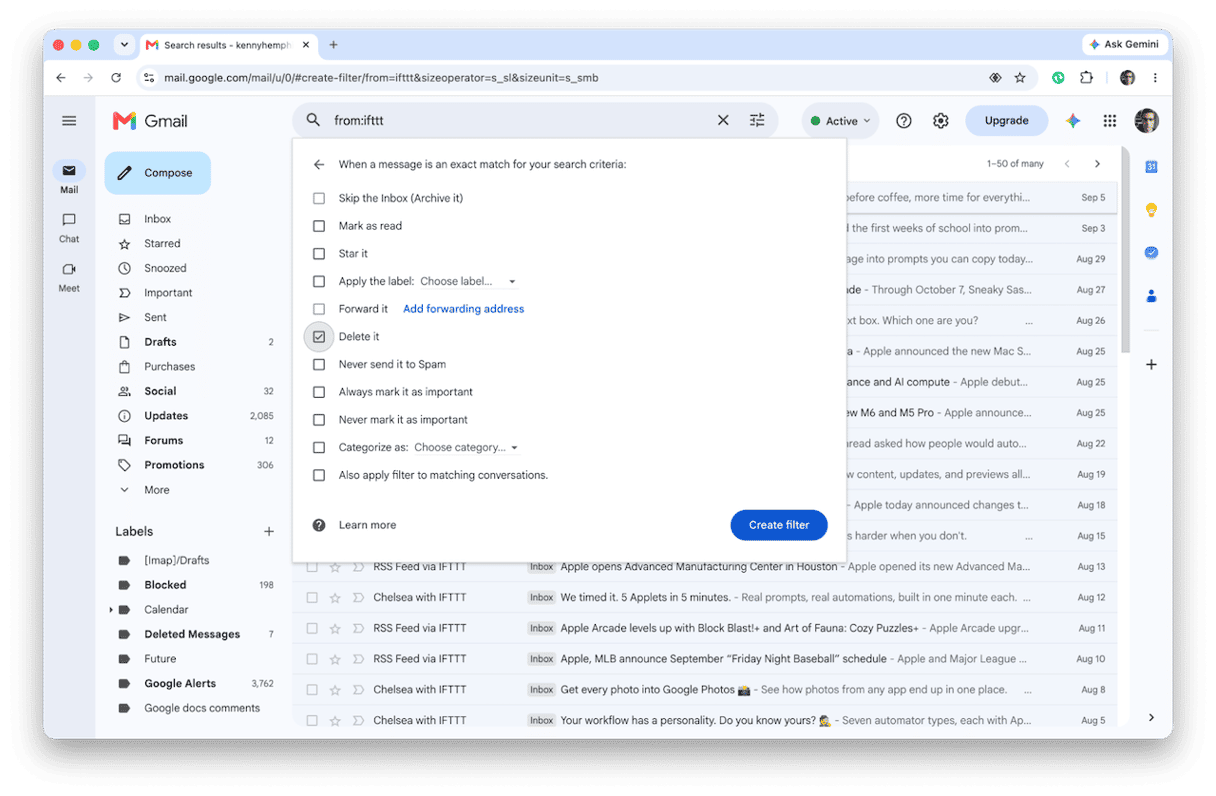 Gmail create filter dialog for deleting messages from IFTTT sender