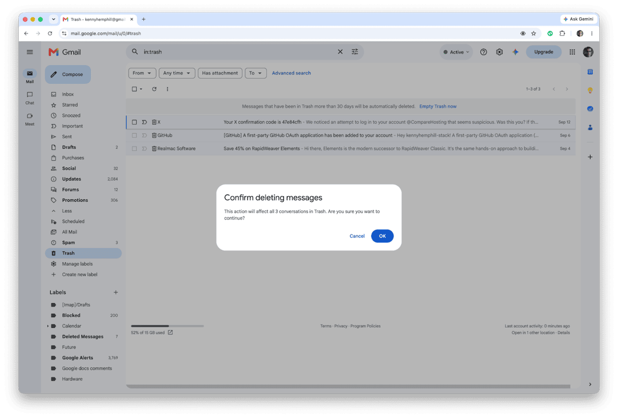 Gmail confirm deleting messages dialog for emptying Trash folder