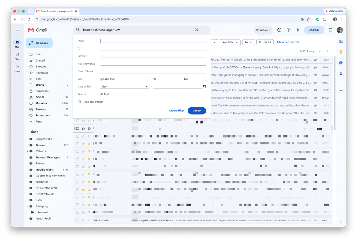 Gmail advanced search filtering emails with attachments larger than 10MB