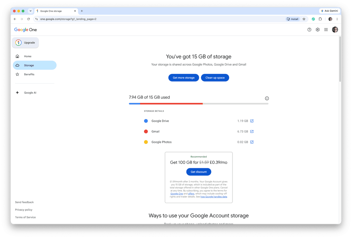 Google One storage page showing usage across Drive, Gmail and Photos