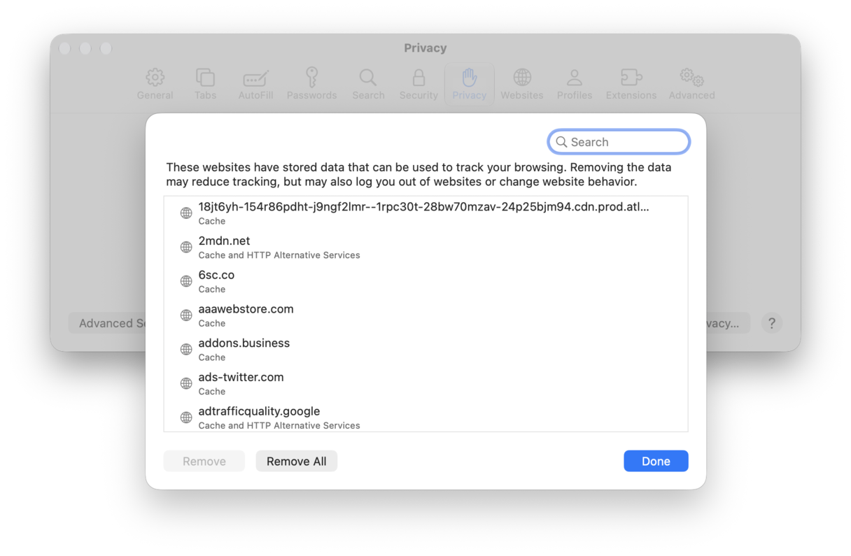 Safari > Settings > Privacy > Manage Website Data