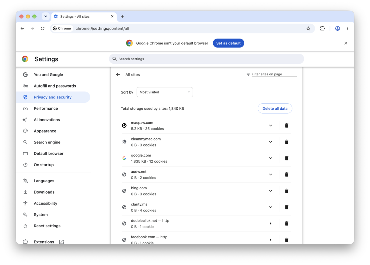Settings > Privacy and security > Third-party cookies > See all site data