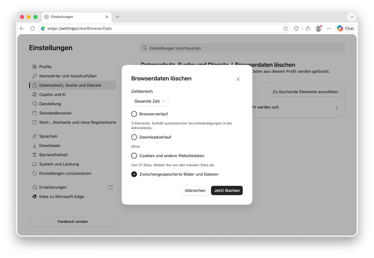 Klicken Sie unter &bdquo;Zeitraum&ldquo; auf &bdquo;Zu l&ouml;schende Elemente ausw&auml;hlen&ldquo; und w&auml;hlen Sie &bdquo;Gesamte Zeit&ldquo; sowie &bdquo;Zwischengespeicherte Bilder und Dateien&ldquo; aus